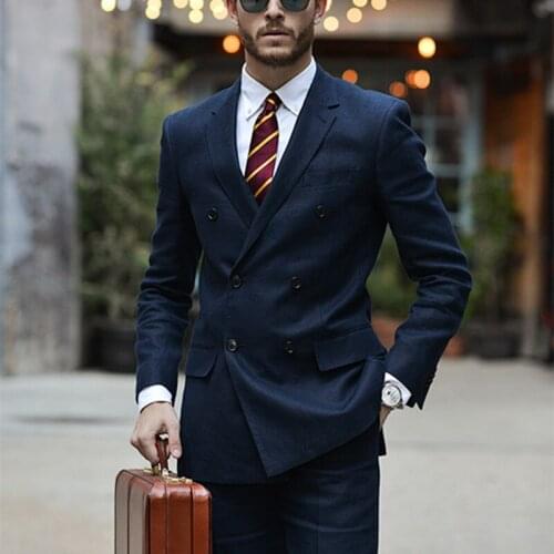 Custom Made Navy Blue Double Breasted Men Suit 2Pieces(Jacket+Pants+Tie) Custom Made Slim Fit Classic Stylish Tuxedo Blazer