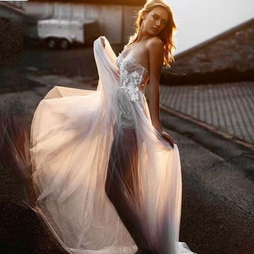 Verngo Sexy Beach Wedding Dress One Shoulder Sweetheart Applique Tulle A Line Bridal Dress High Split Long Dress Vestidos