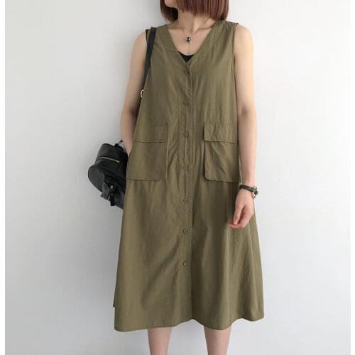 Cotton Linen Dress Womens Summer New Loose V-neck Simple Sleeveless Vest Dress Big Pockets Casual Femme Robe aq1088
