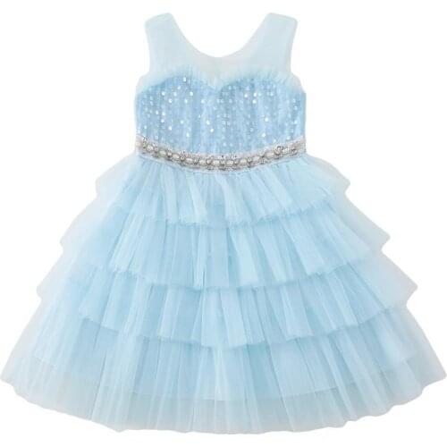 Girl Princess Dresses New Summer Fashion Kids Clothes Sequined Sashes Mesh Lace Layered Dress For Costume
