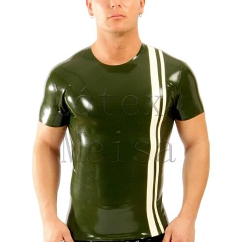 Casual round neck latex t-shirt short sleeve with white stripes decoration in army green color