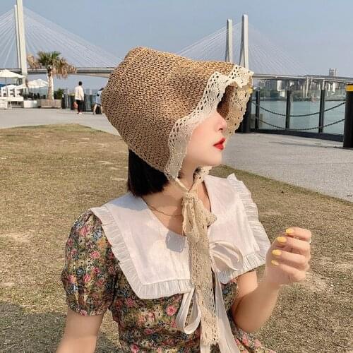 Vintage Foldable Sun Hats Victorian Lolita Foldable Lace Straw Hat Summer Woven Retro Women Girl Parent Child Straw Bucket Hat