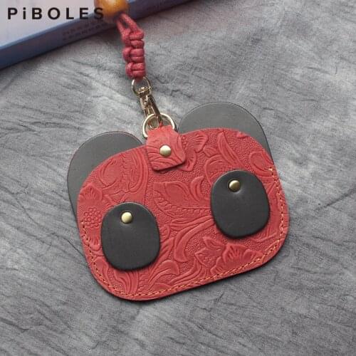 Panda Pattern Lanyard Card Holder Bag Handmade Genuine Leather Student Hanging Neck Phone Lanyard Badge Subway Access Card Slot