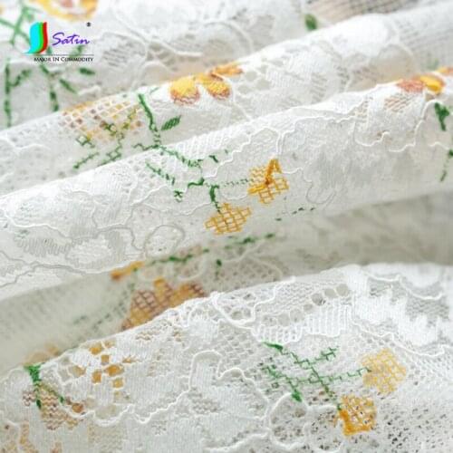 Thin Soft Printed Bright White Yellow Green Flower Leaf Grid Stripe wedding Dress Lace Hollow Sew Decoration Cloth A0513L
