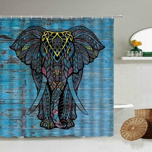 African Elephant Animal Shower Curtain Retro Ethnic Antique Wooden Color Design Bathroom Waterproof Polyester Screen Decoration