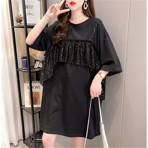 Oversized T-Shirt2021 Summer New Fashion Loose Hedging Pure Color Sequin Letter Stitching Pocket Round Neck Top Womens Clothing