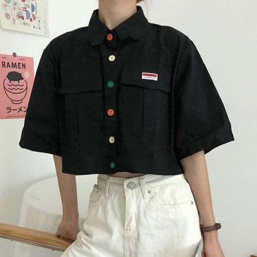Womens Shirt Harajuku Short Sleeve Polo Collar Casual Cotton Preppy Top Girls Fashion Letter Embroidery Blusas Femininas