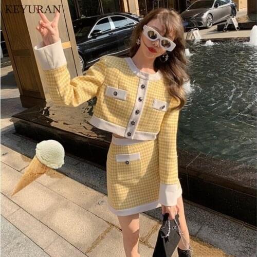 Womens Skirt Suit 2021 Spring Autumn Color Matching Long Sleeve Knitted Short Jacket + High Waist Mini Skirt 2 Piece Set Women