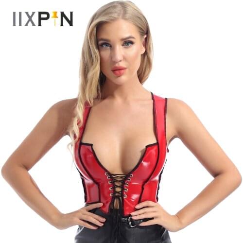 Womens Sexy Rave Crop Top Patent Leather Lace-up Front Rave Clothes Wet Look Shiny Sleeveless Tank Top Short Vest Clubwear