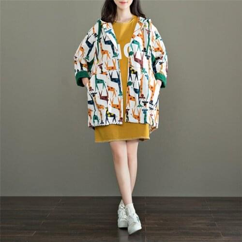 Women Sweet Trench Coat Autumn New Cotton Linen Print Animal Giraffe Soft Casual Hooded Single Breasted Outwear Plus Size f1733