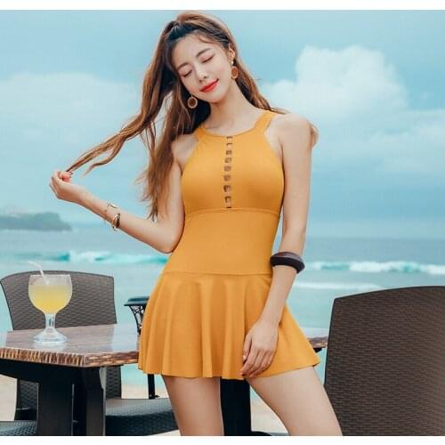 SANQi female swimsuit Ladies One-piece Skirt-style Small Chest Gathered Thinly Covered Belly High Waist Hot Spring Swimwear suit
