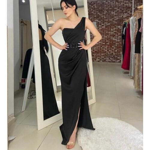 Elegant Long Pleated Black Evening Dresses Mermaid One Shoulder Floor Length Side Slit Abendkleid Formal Party Gown for Women