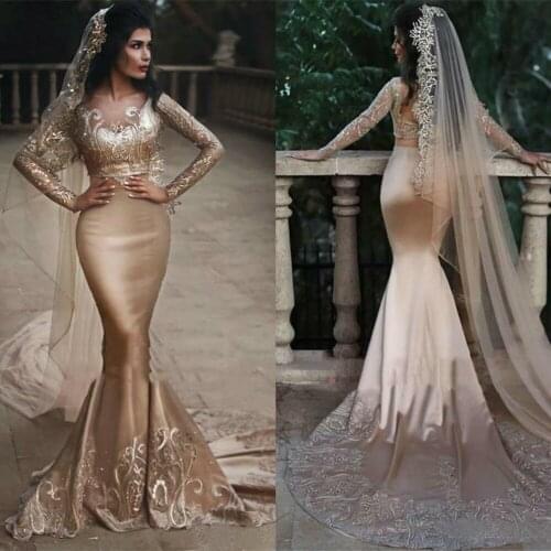 Arabic Two Pieces Wedding Dress 2019 Long Sleeves V Neck Lace Applique Bridal Gowns Custom Made Vestido De Novia