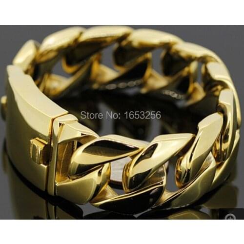 2015 FASHION CLASP COOL HEAVY MEN`S STAINLESS STEEL CUBAN CURB LINK GOLD BRACELET(8.5"x 26mm)