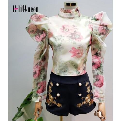 2021 Spring Summer Women Vintage Floral Print Long Puff Sleeve Stand Neck Chiffon Shirts Elegant Female Top Crop Blouses Blusas