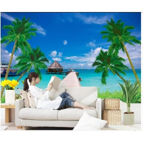 3d wallpaper mural wall painting Blue sky and white clouds sea tree wallpaper 3d mural for living room