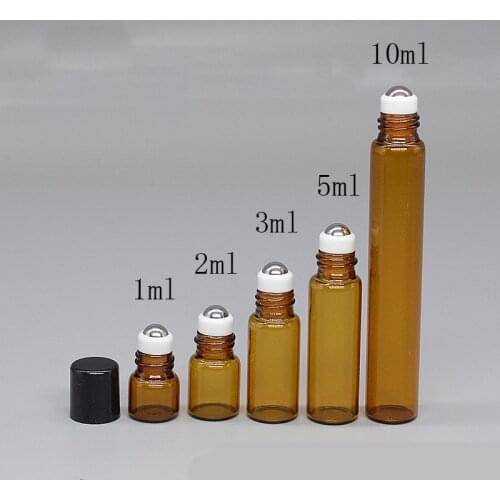 50pcs/lot 1ml 2ml 3ml 5ml 10ml Clear / Amber Glass Roll on Bottle with Glass/Metal Ball Thin Glass Roller Essential Oil Vials