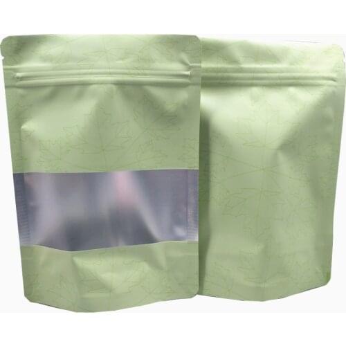 50Pcs/Lot Green Mylar Foil Zip Lock Stand Up Bag Matte Clear Window Maple Leaf Printed Reclosable Reusable Food Bean Pouches