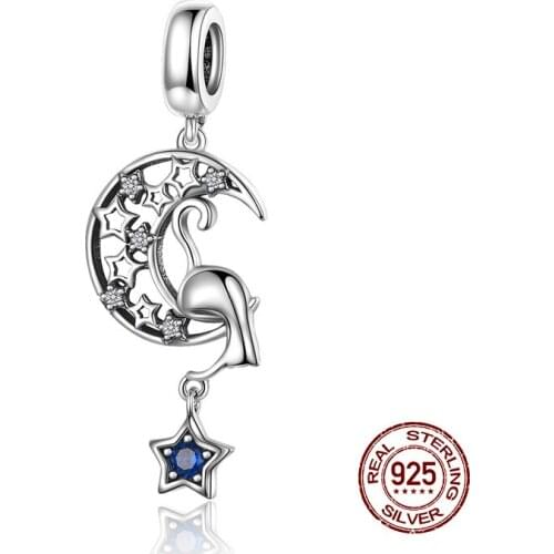 Auffik fit 3MM original charm bracelet moon cat necklace pendant 925 sterling silver beads jewelry DIY woman