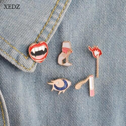 XEDZ 5pcs/set Enamel Brooch Jewelry Matches Cigarettes Mouth Ghost tooth Goblet Moon Brooches Women Badge Coat Badge Corsage Pin