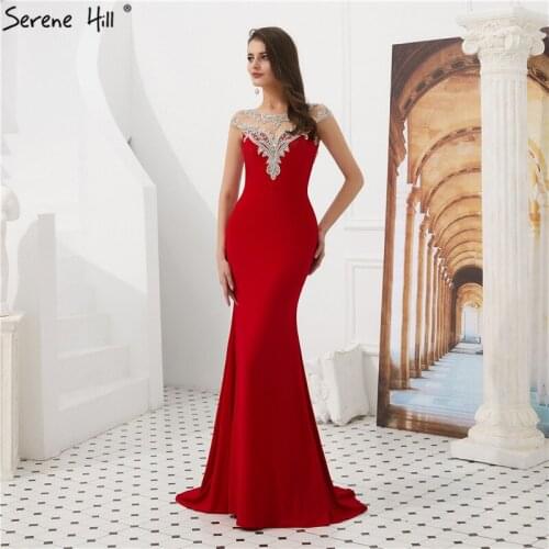 Red O-Neck Sexy Mermaid Prom Dresses 2020 Sleeveless Crystal Beading Formal Gowns Serene Hill LA60782