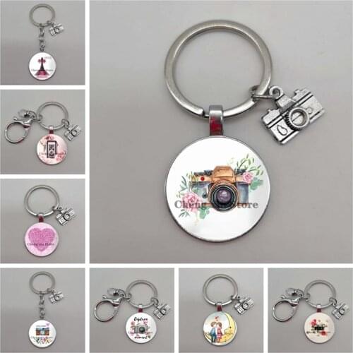 Love Moon Hot Air Balloon Round Glass Camera Flower Picture Cabochon Dome Keychain Camera Car Bag Keychain Accessories