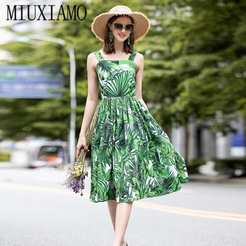 MIUXIMAO 2020 Summer Dress Newest Cute Spaghetti Strap Green Leaf Print Elegant Knee-Length Dress Women Vestidos