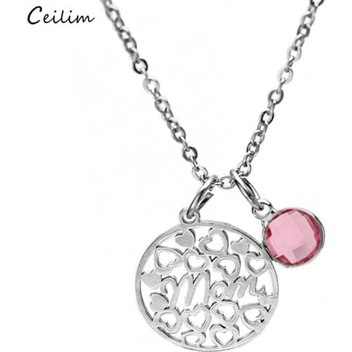 Fashion Round Heart Pendant Necklace for Mom Stainless Steel Chain Crystal Birthstone Necklace Women Jewelry Mothers Day Gifts