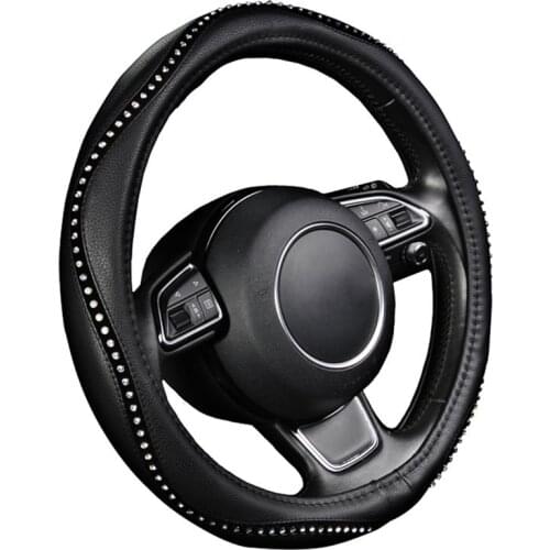 Fashion Steering Wheel Cover Black Lychee Pattern with Luxury Crystal Rhinestone M Size Fits 38cm