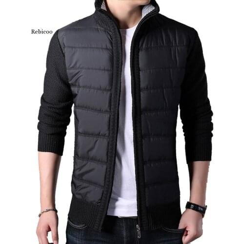 Mens Winter Fleece Warm Sweater Coat Fashion Patchwork Slim Knitted Cardigan Sweater Male Casual Pockets Outerwear Thick Jacket