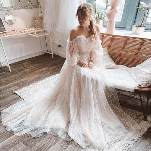 New Design Off Shoulder Puff Long Sleeve Dot Tulle Wedding Dresses for Bridal Sexy Bohemian Beach Boho Bride Gowns