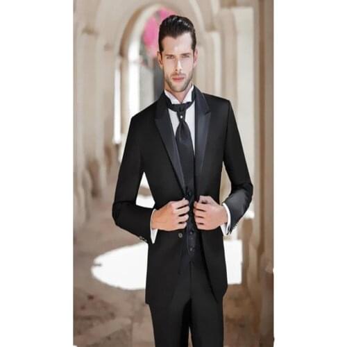 New mens suit black lapel slim fit groom suit tuxedo groomsmen official career suit (jacket + pants + vest + tie)