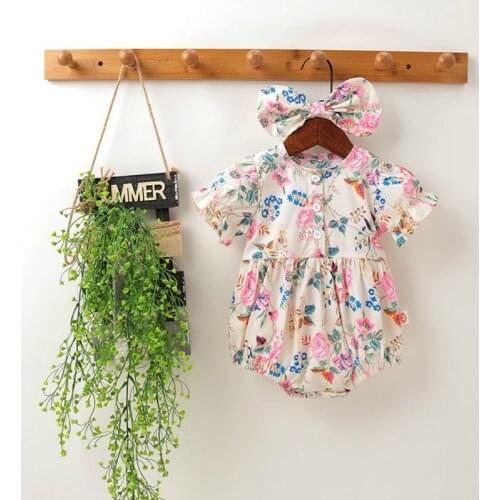 Baby Girls Clothes Toddler Playsuit Puff Sleeve Summer Flower Printed Princess Ruffle Romper+hair Band 2 PCS Set BABY Outfits