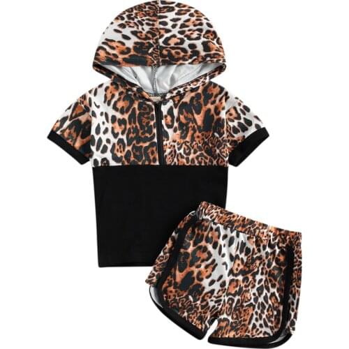 Pudcoco Infant Baby Girls Summer Outfits Suit Fashion Short Sleeve Leopard Print Half Zip Hoodie + Shorts 2Pcs Clothes Set