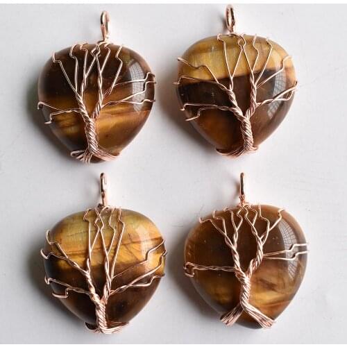 Wholesale 3pcs/lot good quality Gold Color Wire Wrap handmade tree of life heart shape natural tiger eye opal stone pendants