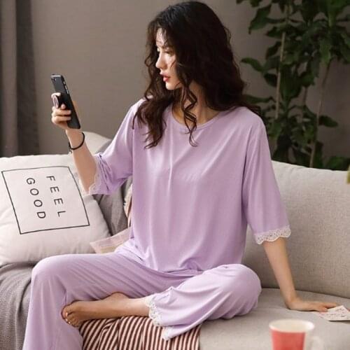 Pajamas women spring summer sleepwear set short sleeve trousers nightwear pijama modal loose home clothes girl two-piece suit
