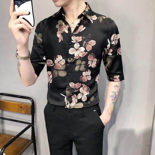 Plus Size Spring Summer Half Sleeve Floral Shirts For Men Clothing 2021 Simple Slim Fit Casual Prom Tuxedo Dress Streetwear 4XL