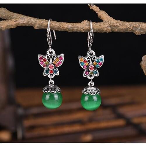 Retro Opal Earring Ethnic Butterfly Corful Rhinestone Temperament Ethnic Dangle Earrings For Women Bohemian Korea Female Jewelry