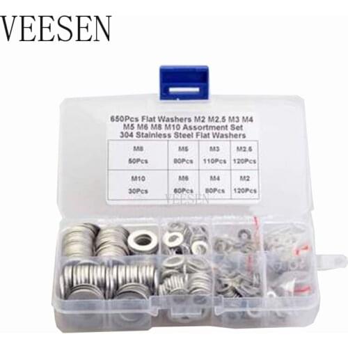 250pcs to 650pcs Stainless Steel Flat Washers Assortment Kit For Screw M2 M2.5 M3 M4 M5 M6 M8 M10