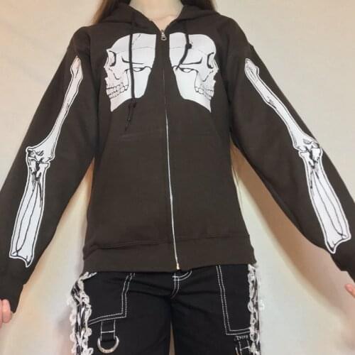 Dourbesty Skull Bones Printed Sweatshirts Zipper Up Long Sleeve Hoodies Women Spring Autumn Coat Top Y2K Aesthetic Streetwear