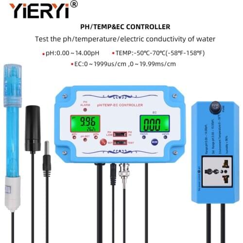 Yieryi 3 in 1 pH/EC/TEMP Water Quality Detector pH Controller Relay Plug Repleaceable Electrode BNC Type Probe Water Tester