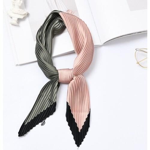 Women Pleated Silk Scarves Color Patchwork Crinkle Headwear Branded Stylish Bandana Small Neck Wear Decoration [3702]
