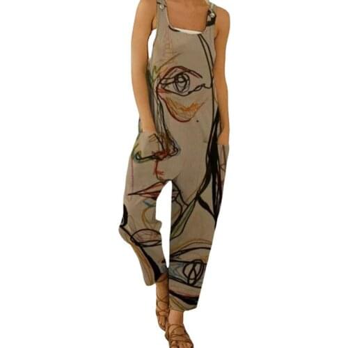 Casual Women Jumpsuit Abstract Scrawling Sleeveless Strappy Pockets Loose Overall Romper for Work Rompers Stylish Playsuit