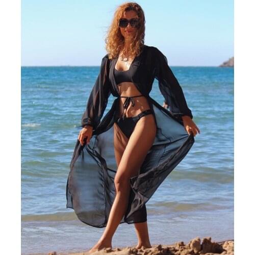 Womens Chiffon Swimsuit Cover Up Maxi Beachwear Long Sleeve Open Front Sheer Mesh Flowy Chiffon Kimono