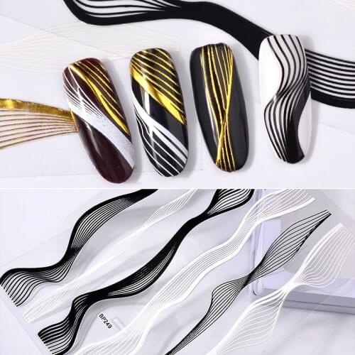 1Pcs Metal Nail Stickers Decals Simplicity Wave Gold Black 3d Adhesive DIY Charm Design Nail Art Decorations