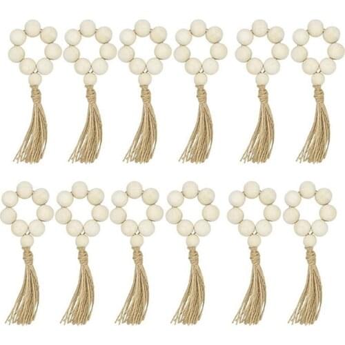12Pcs Wood Bead Napkin Rings with Tassels Rustic Farmhouse Wood Beads Garland Wall Hanging Decor Weddings Home Decor