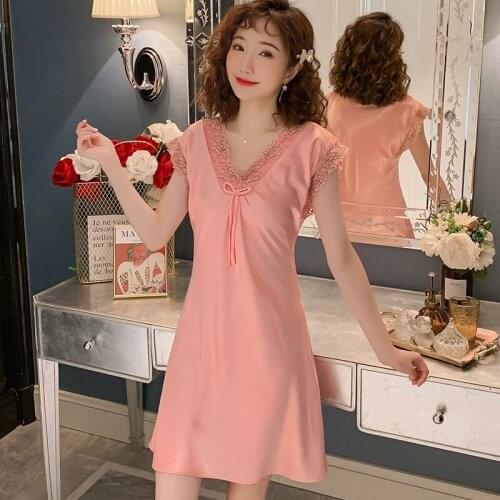 2020 Summer Silk Satin Sexy V-neck Nightgown for Women Short Sleeve Sleepwear Nightwear Night Dress Home Dress Nightdress Nighty