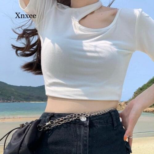Asymmetric Cross Crop Top Summer Chic Designer T-Shirt Women Hollow Out Irregular Neck Blous Sexy Slim Krean Ribbed Sexy Shirts