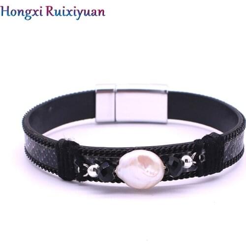 Bracelet jewelry fashion simple freshwater pearls bracelets for women bohemian leather magnetic buckle shell bracelet charm gift