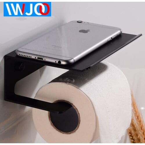 Bathroom Toilet Paper Holder with Shelf Black Aluminum Tissue Roll Paper Holder Decorative Paper Towel Holder Rack Wall Mounted